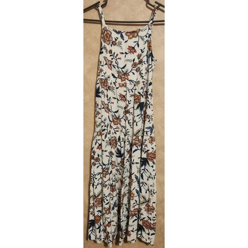 Old Navy Girls Floral Maxi‎ Dress Cream Blue Orange Tiered Smocked Back L 10-12